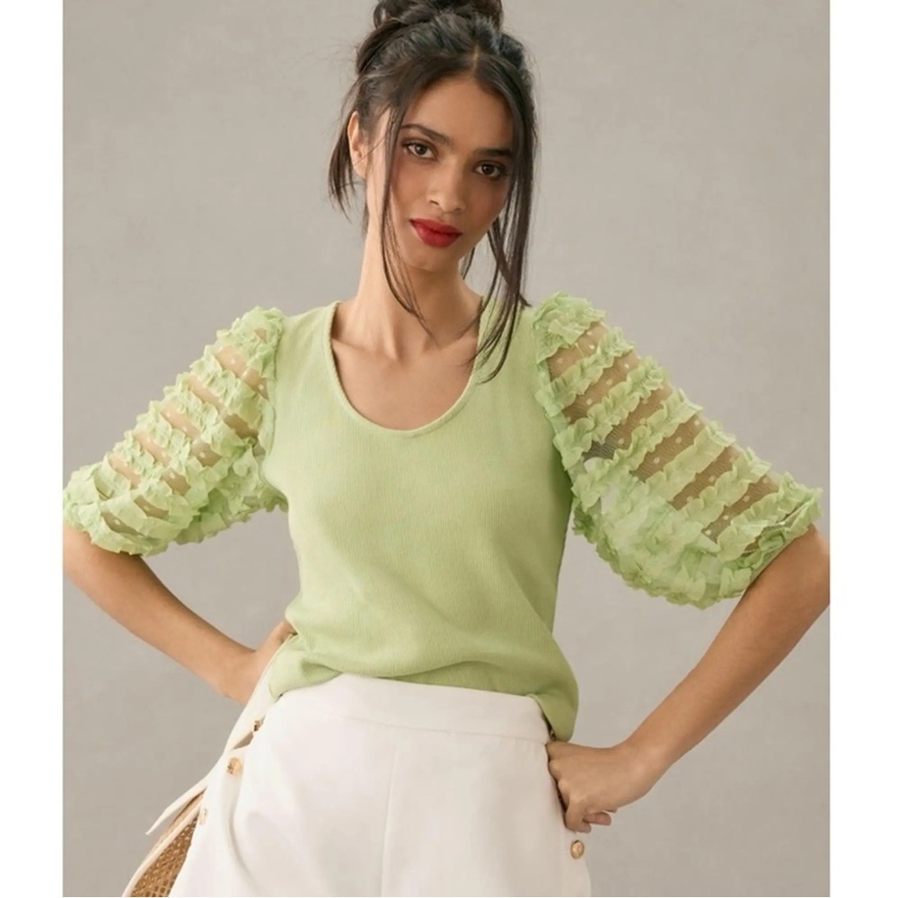 Anthropologie Dolan Green Ribbed Top with Sheer Ruffle Sleeves NWOT